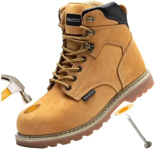 Vista 8 de Botas de seguridad laboral para hombre, de cuero Crazy-Horse duradero, con puntera de acero indestructible, impermeables y antideslizantes, mejor