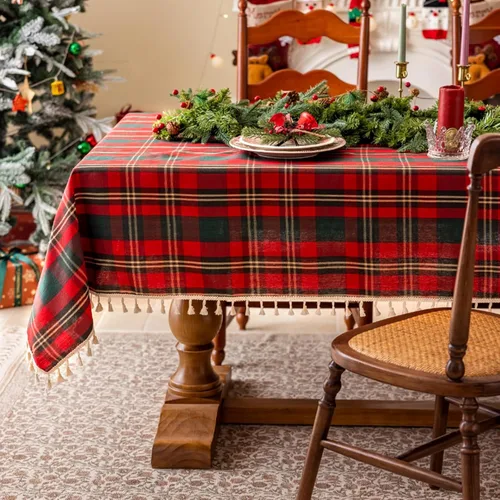 Vista 17 de JIALE - Mantel cuadrado de lino de algodón de cuadros Gingham con borlas, lavable, sin arrugas, mantel a cuadros de búfalo para fiesta al aire Beige