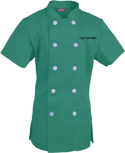 Vista 8 de Abrigo de chef bordado para mujer, camisa de chef de manga corta, abrigo de cocinero personalizado con tu texto Manzana Verde (Apple Green)