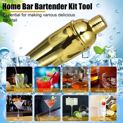 Vista 5 de Kit de Barman con elegante soporte de bambú, juego de coctelera de 12 piezas de 25 onzas para bebidas mixtas, juego de herramientas profesionales