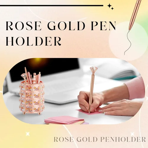 Vista 6 de Sabary Soporte para bolígrafo de oro rosa con 6 bolígrafos brillantes con purpurina, soporte para lápices de diamantes de oro rosa, organizador