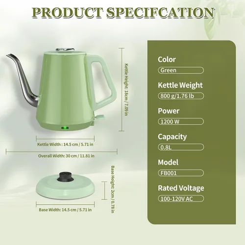 Vista 7 de Hervidor eléctrico de cuello de cisne de 0.8 L, acero inoxidable de ebullición rápida de 1200 W, apagado automático, hervidor de precisión para café