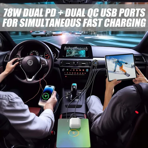 Vista 7 de Cargador USB 12V mejorado con 4 puertos - Toma de corriente para coche de aleación de aluminio con voltímetro LED para coches, carritos de golf