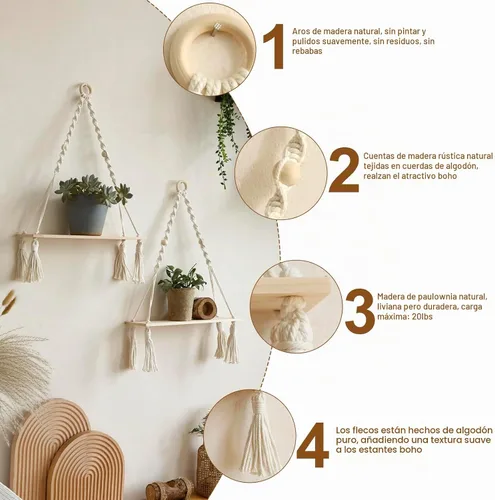 Vista 5 de Artilady Paquete de 2 estantes de madera para colgar en la pared, estantes flotantes bohemios, estante de plantas de macramé blanco, estante