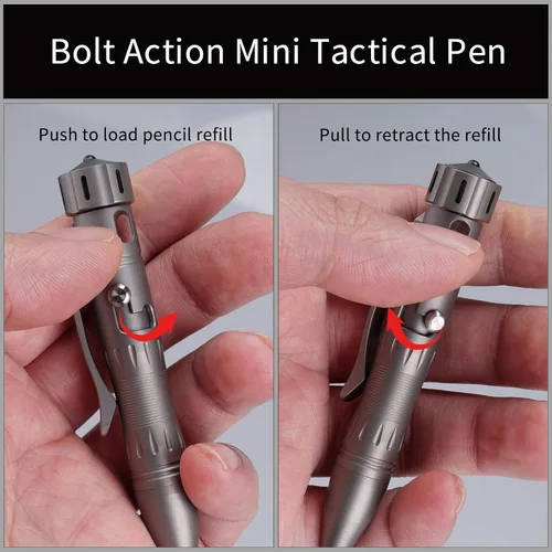 Vista 5 de MecArmy TPX10 Mini bolígrafo táctico de acción de perno de titanio con repuesto reemplazable, pequeño bolígrafo táctico EDC con cola giratoria