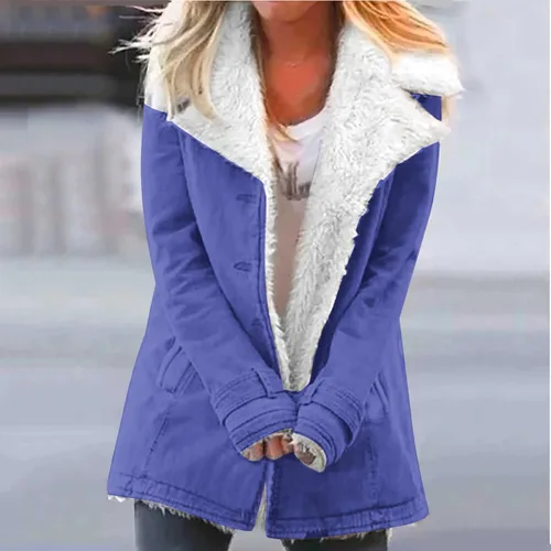 Vista 2 de Chaqueta de invierno cálida para Mujer, Abrigos Lana borrosos Sherpa gruesos, cárdigan solapa botones Felpa Color sólido