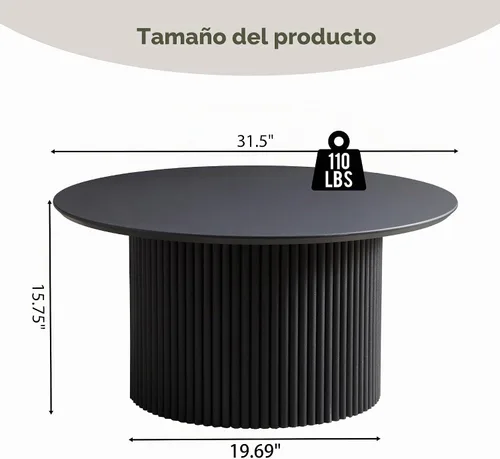 Vista 2 de Mesa de café redonda de 31.5", Mesa de centro moderna con acento acanalado y marco de metal, mesas de café de madera redondas para sala de estar
