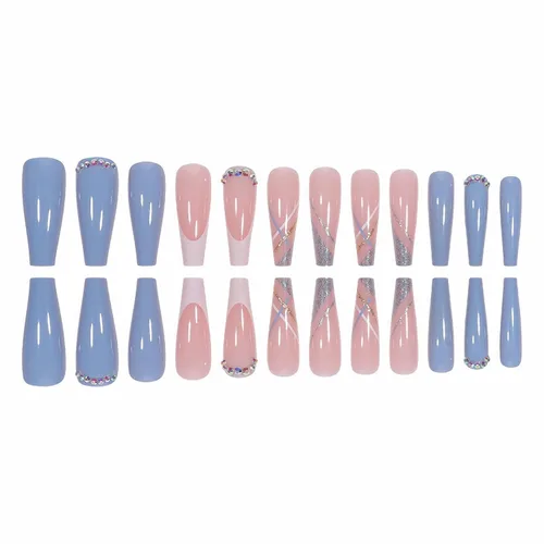 Vista 69 de MISUD - Uñas postizas a presión largas en forma de ataúd con pegamento, diseño de punta francesa acrílica azul de verano, 24 piezas