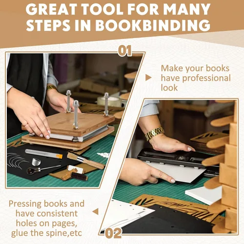 Vista 6 de DoubleFill Kits de encuadernación de libros de 11.6 x 7.9 pulgadas, tablero de prensa de libros, 25 piezas de madera de bambú, juego de herramientas