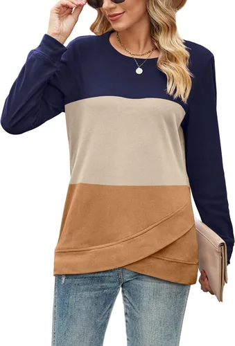Vista 3 de WIHOLL Sudaderas de cuello redondo para mujer, camisas de manga larga, dobladillo de tulipán, tops de otoño
