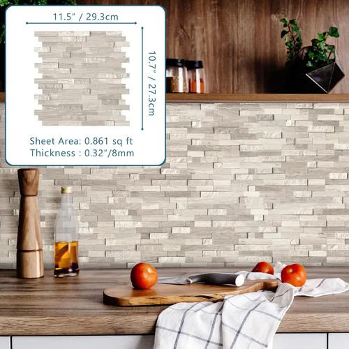 Vista 2 de SUNWINGS Mosaico de 5 hojas de azulejos de mármol autoadhesivos de piedra natural 3D de 11.5 x 10.7 pulgadas, para salpicaduras de cocina, baño