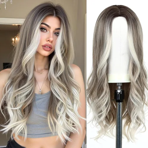 Vista 20 de Esmee Pelucas largas de color castaño rojizo ombré para mujer, peluca de cabello sintético ondulado y rizado natural para uso diario, fiestas