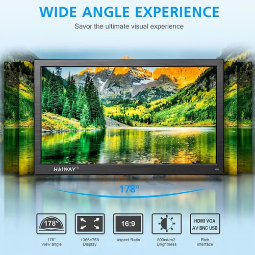 Vista 2 de Haiway Monitor de seguridad de 14 pulgadas, resolución de 1366 x 768, monitor de PC pequeño con altavoces integrados con puertos HDMI/VGA/BNC/AV