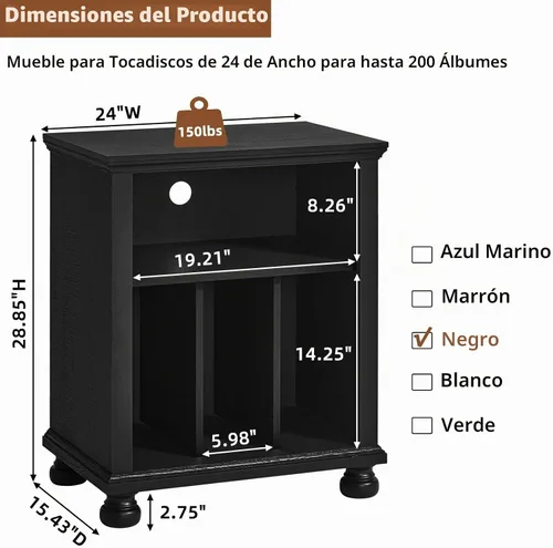 Vista 2 de Joaxswe Soporte para tocadiscos de 24" de ancho con almacenamiento de Negro