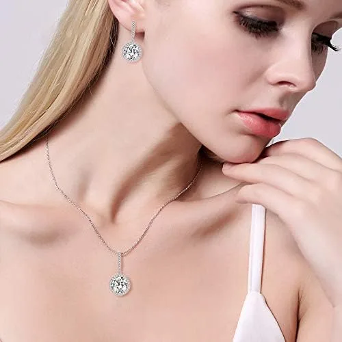 Vista 2 de EVER FAITH Juego de joyas de boda nupcial, plata de ley 925 con circonita cúbica blanca brillante, hipoalergénico, juego de collar y aretes