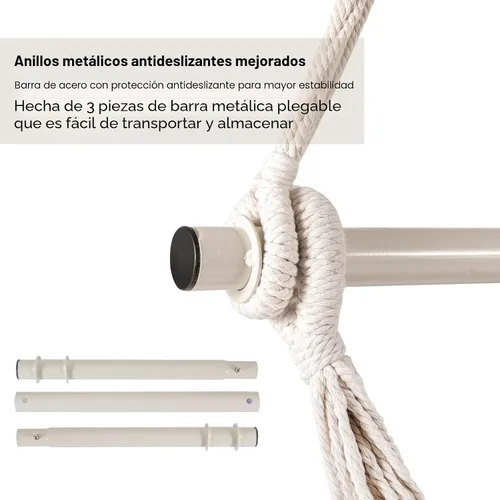 Vista 6 de Silla Hamaca, Máximo 330 Libras, Silla Colgante Grande, Silla Columpio de Cuerda de Algodón Suave con Varilla de Metal de Alta Capacidad de Carga