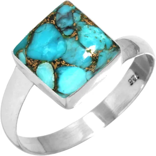 Vista 17 de Boho - Anillo de plata de ley 925 hecha a mano con piedras preciosas naturales, lapislázuli, granate, turquesa y cuadrado Ámbar