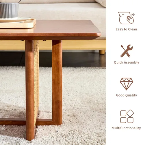 Vista 4 de LKTART Mesa auxiliar para sala de estar, mesa rectangular de madera maciza, moderna mesa de centro de ratán de imitación, patas cruzadas, mesa de té