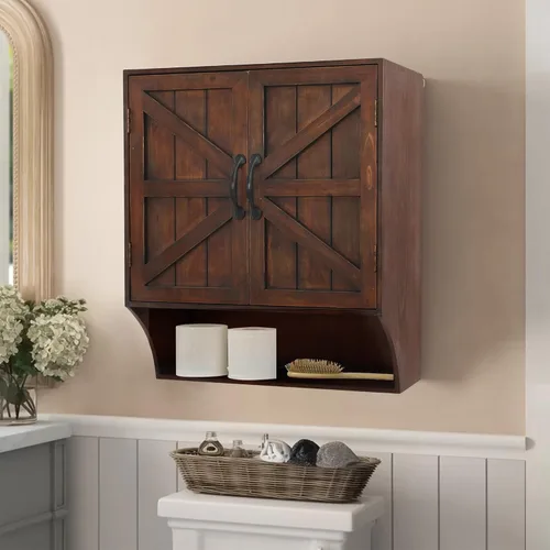 Vista 5 de FLORA Armario de almacenamiento montado en la pared, botiquín con puertas, armario de pared de baño vintage de madera sobre inodoro para baño