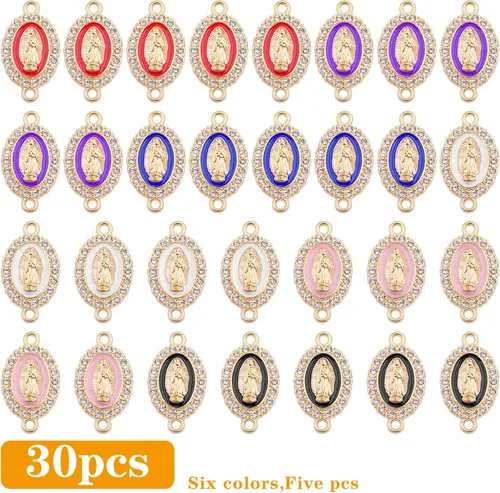 Vista 2 de 30 dijes de aleación esmaltados de la Virgen María, diamantes de imitación de Nuestra Señora, Medalla Milagrosa, Dijes de Crucifijo de conexión