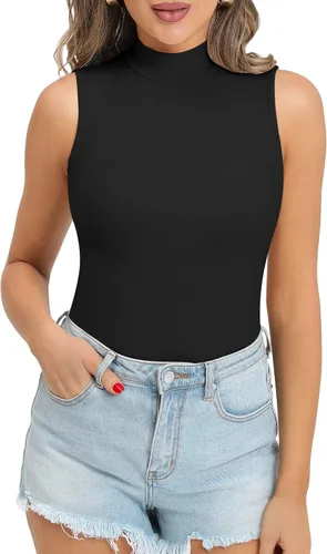 Vista 2 de MANGOPOP Women's Mock Turtleneck Sleeveless Tank Tops Ribbed Long Sleeve Bodysuit