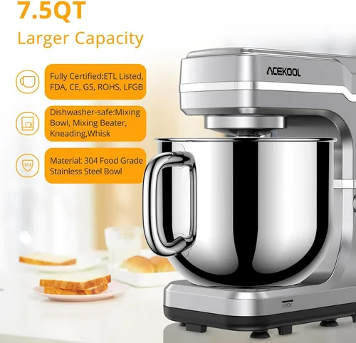 Vista 6 de Batidora de pie de 7.5QT, mezclador eléctrico de cocina de cabeza Plateado