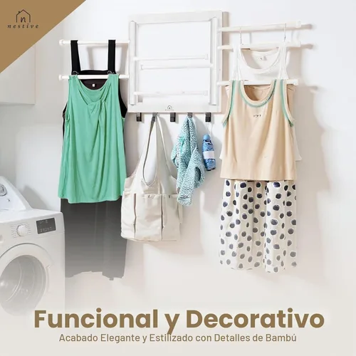 Vista 5 de Estante de Secado de Bambú para Montaje en Pared para Lavandería – Secadora de Ropa Plegable Colapsible con 8 Brazos y 5 Ganchos, Colgador Secador
