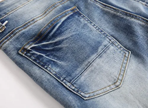 Vista 7 de Skinny Slim Fashion - Jeans elásticos de motociclista de Hip Hop con agujeros rectos rasgados.