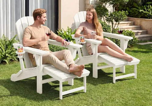 Vista 9 de KINGYES Silla Adirondack plegable ajustable con otomana y 2 portavasos, silla reclinable Adirondack de polietileno de alta densidad con reposapiés