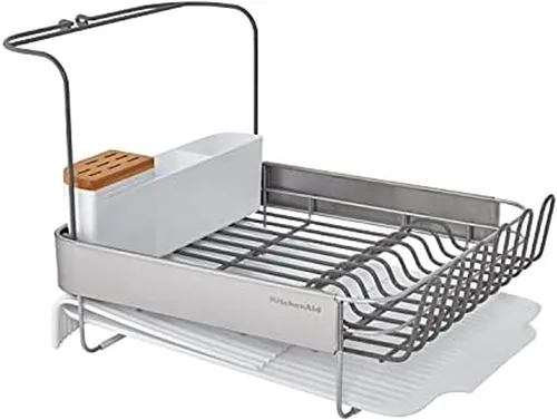 Vista 19 de KitchenAid Escurridor de platos compacto, que ahorra espacio, resistente al óxido con organizador de cubiertos extraíble y bandeja de escurrido Negro