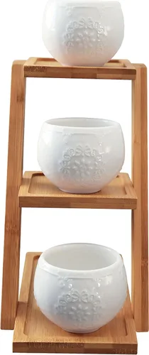 Vista 3 de Jusalpha® Maceta decorativa moderna de cerámica para suculentas pequeñas y redondas con soporte de bambú de 3 niveles, exhibición de ventana
