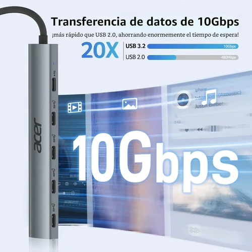 Vista 3 de Acer Hub USB C de 10 Gbps, divisor USBC con 4*USB C 3.2 y puerto PD de 100W, adaptador multipuerto de transferencia rápida tipo C compatible
