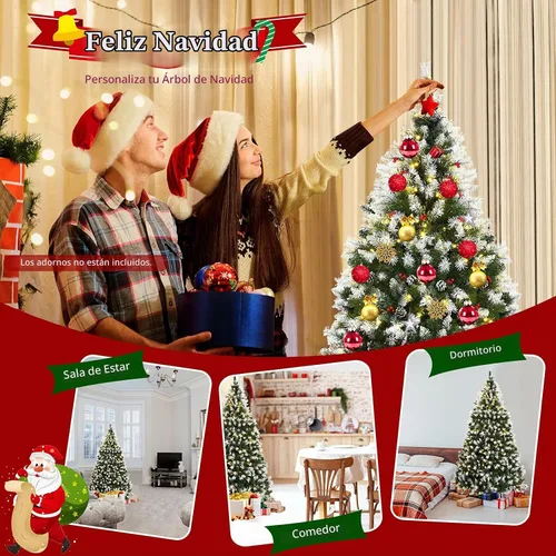 Vista 4 de Goplus - Árbol de Navidad artificial preiluminado de 1.8 m con bisagras, cubierto de nieve, con piñas, bayas rojas y 250 luces LED, 8 modos
