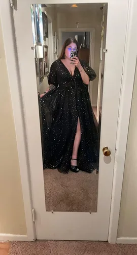 Vista 6 de Xijun - Vestidos de tul estrellado brillante para mujer, acampanados, con manga abombada y abertura, de estilo formal, para graduación, eventos