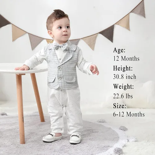 Vista 2 de HOSUKKO - Traje de bebé para caballero, mamelucos + boina + corbatín (0-24 meses)