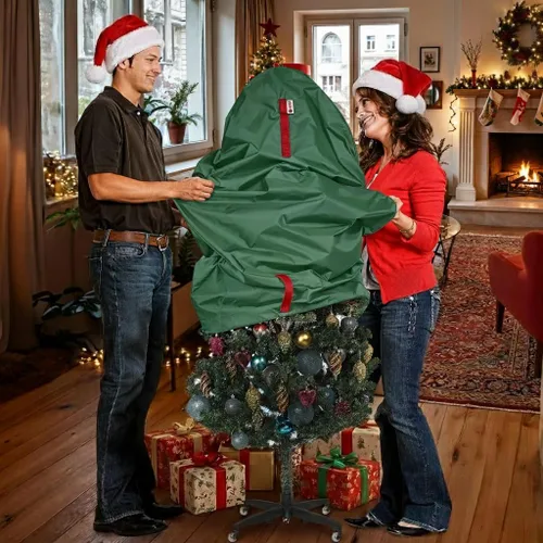 Vista 2 de Bolsa de almacenamiento vertical para árbol de Navidad - Se adapta a árboles artificiales de 7 pies y árboles topiarios de Navidad, cubierta Verde