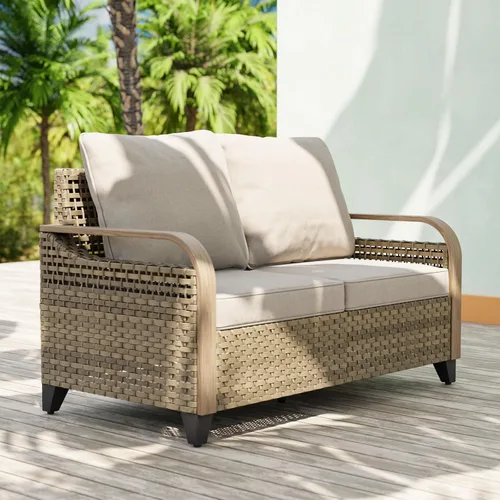 Vista 14 de EAGLE PEAK Sofá de mimbre para patio al aire libre, muebles modernos de ratán para patio, terraza, porche, balcón, sofá de 3 asientos, marrón/gris