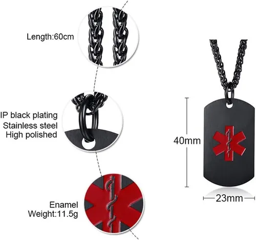 Vista 79 de VNOX Collar con colgante personalizado de acero inoxidable con grabado personalizado para identificación de alerta médica de emergencia para hombres