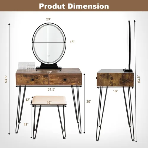 Vista 6 de KOTEK Juego de mesa de tocador con espejo iluminado, escritorio de maquillaje con taburete acolchado, espejo regulable de pantalla táctil de 3