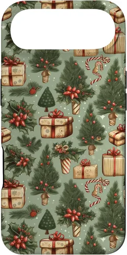Vista 27 de Vintage Christmas Theme Holiday Trees, Presents, Teal, Bows Case for iPhone 17