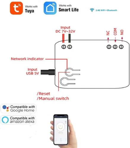 Vista 2 de 1 canal USB 5V AC/DC 7-32V Smart WiFi Wireless Relay Switch Module, aplicación Tuya Smart Life Control remoto, compatible con Alexa Google Home (1)