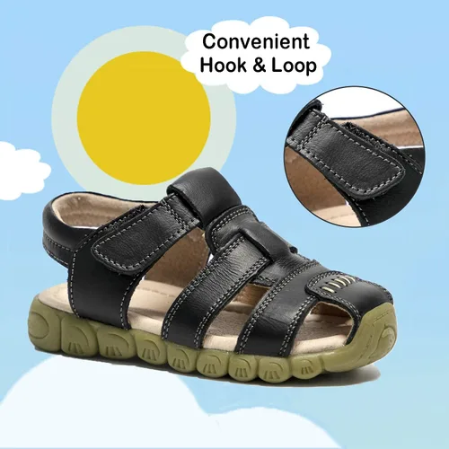 Vista 3 de Athlefit Sandalias de cuero para niños y niñas, con puntera cerrada, sandalias de cuero para deportes al aire libre, sandalias casuales, 0 Toddler
