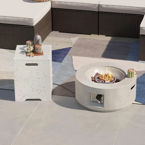 Vista 8 de SUNBURY Mesa de fuego de propano para exteriores de 42 pulgadas, mesa rectangular con tanque de 40,000 BTU, mesa de gas blanca manchada para patio