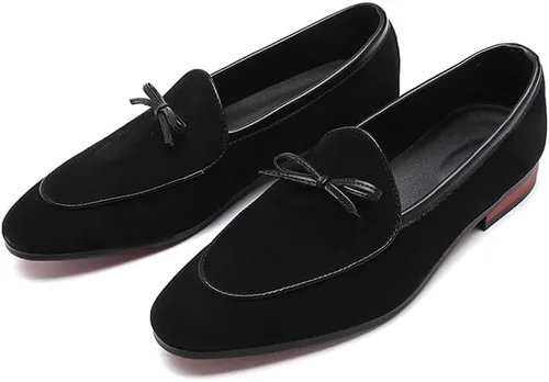 Vista 3 de REIHUANNE Mocasines belgas sin cordones de gamuza para hombre, zapatos de vestir con estilo esmoquin con clase, zapatillas de fumar de moda