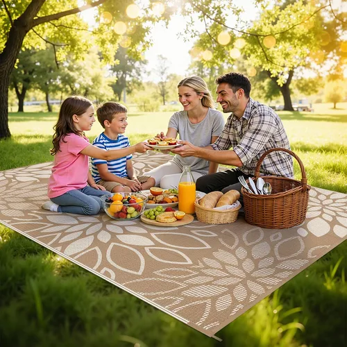 Vista 3 de HEBE Alfombra impermeable para exteriores de 5 x 8 pies para patios, alfombra de paja de plástico reversible floral, alfombra de patio, alfombra