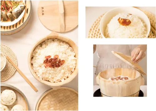 Vista 7 de Vaporizador de madera hecho a mano, vaporizador de arroz para sushi, cubo de mezcla de barril de madera con tapa, vaporizador chino, adecuado