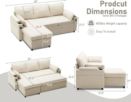 Vista 2 de Sofá cama extraíble 2 en 1 sofá cama seccional sofá en forma de L con almacenamiento Sofás convertibles para sala de estar, puertos de carga USB