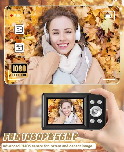 Vista 3 de Nueva cámara digital 2025, 56MP FHD 1080P para niños con zoom digital de 16x, antivibración, detección facial, captura de sonrisas, tarjeta TF de 32