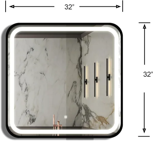 Vista 7 de 32 * 32 inch Bathroom Led Classy Vanity Mirror with High Lumen,Black Metal Frame,Dimmable Touch,Wall Switch Control, Anti-Fog,CRI 95 Adjustable