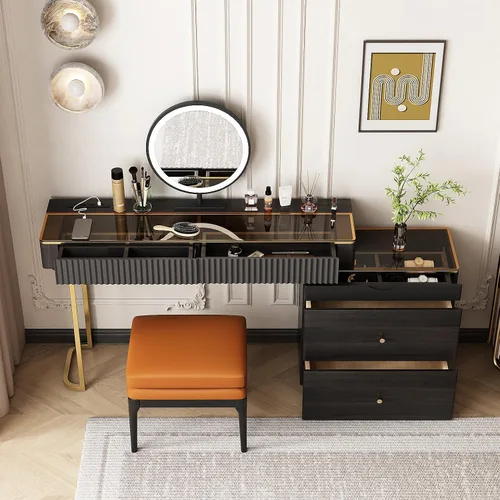 Vista 6 de Lartis Tocador de maquillaje con taburete, muy fácil de montar, combinación de gabinete de TV retráctil, tocador en uno, súper almacenamiento